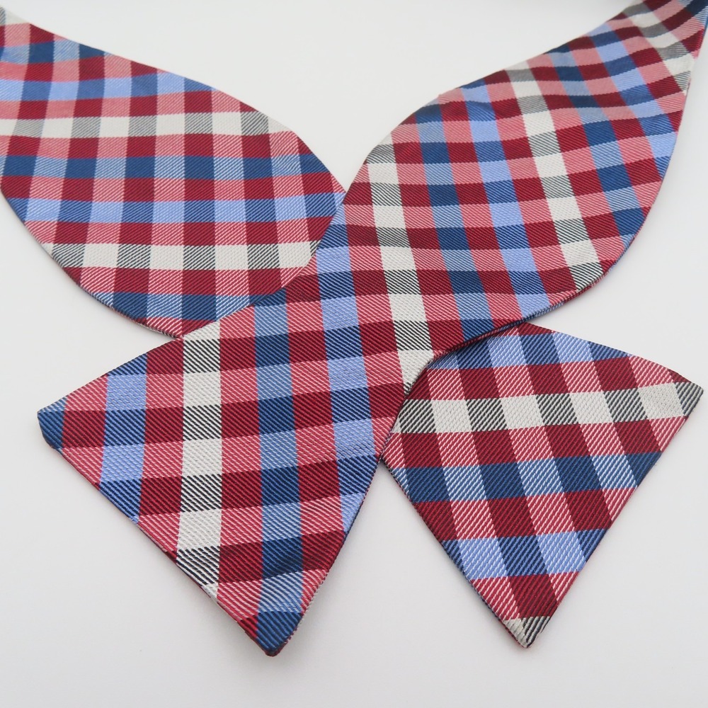 Jos A Bank Bow Tie Red White Blue Checked 2.5" Wide Self Tie Silk NEW